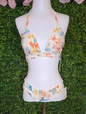 Gianni Bini Cream Floral Halter Bikini with Teal Accents